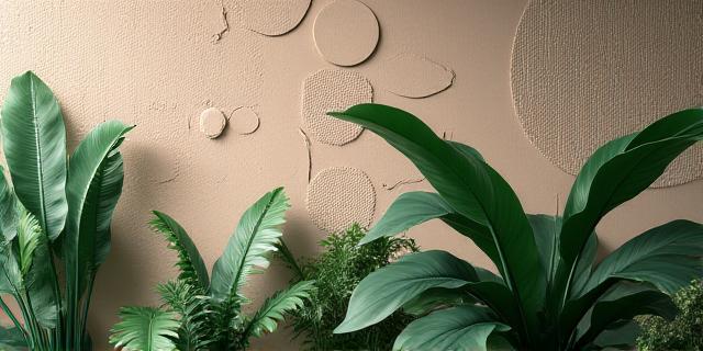 Decoración de pared con motivos circulares y plantas, creando un ambiente orgánico
