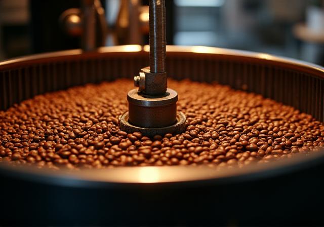 Proceso de tueste de café mostrando el color dorado oscuro